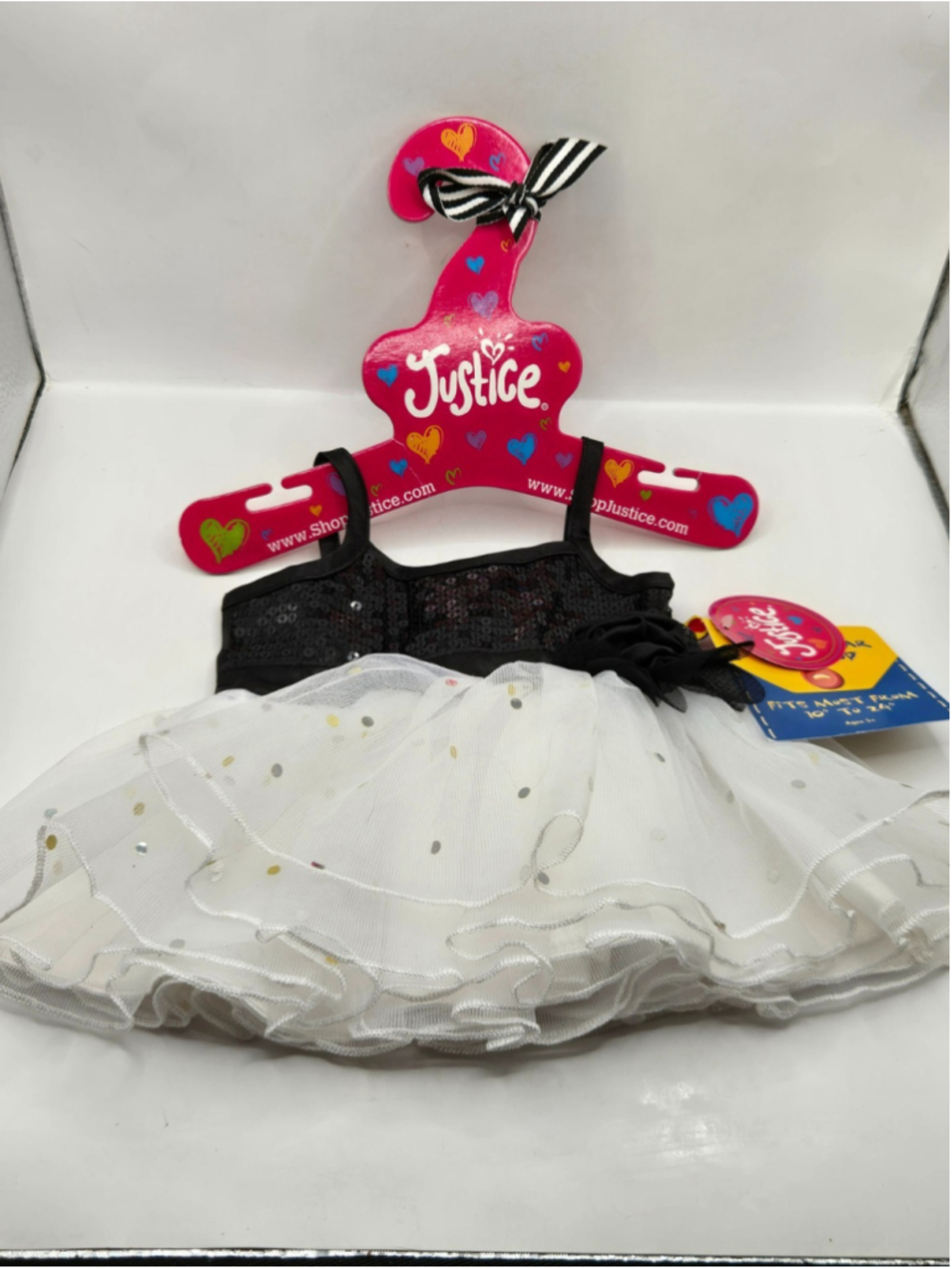 Build A Bear Justice Dress Black Sequin Bodice White Tulle Ruffle Polka Dot NWT